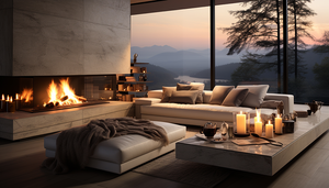 Cozy winter night with burning candles and fireplace, sofa draped with a warm luxury throw blanket, inviting warmth and comfort.