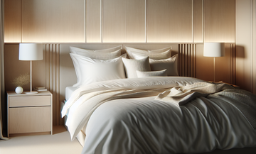 Luxurious hotel-style bed with layered white bedding, pillow variety, and warm lighting in a serene, neutral-toned bedroom