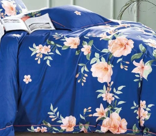 Blue/Orange Floral Cotton Reversible Duvet Cover Set