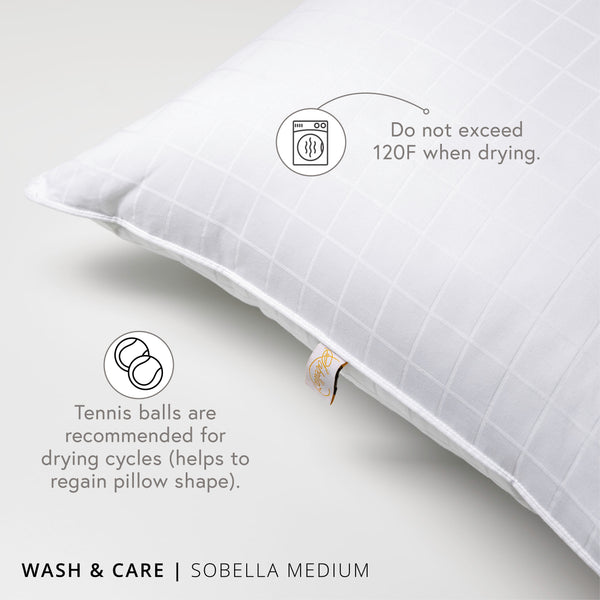 closeup of sobella pillow corner with care instructions